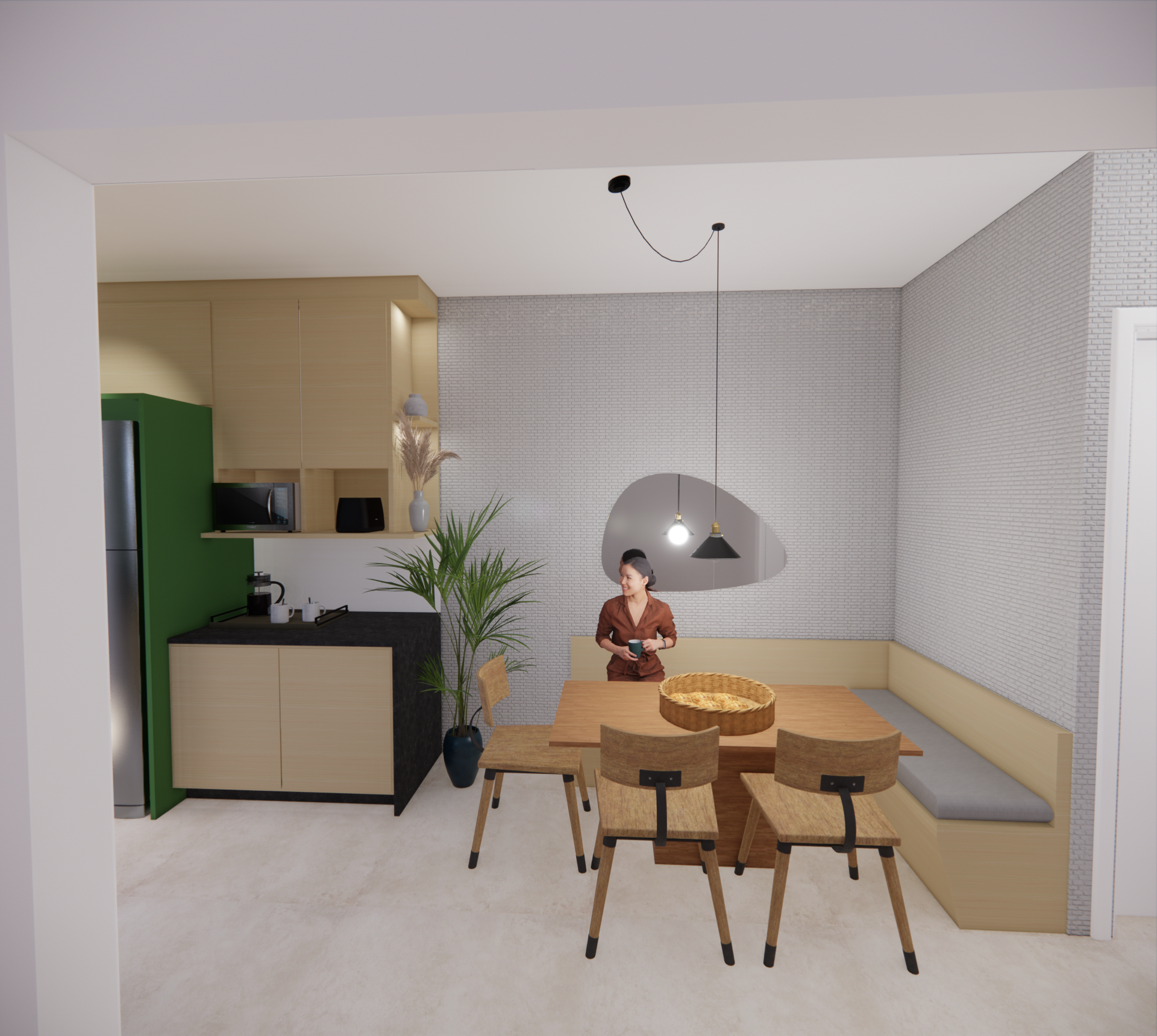 Perspectiva do projeto de interiores da cozinha da casa RM.