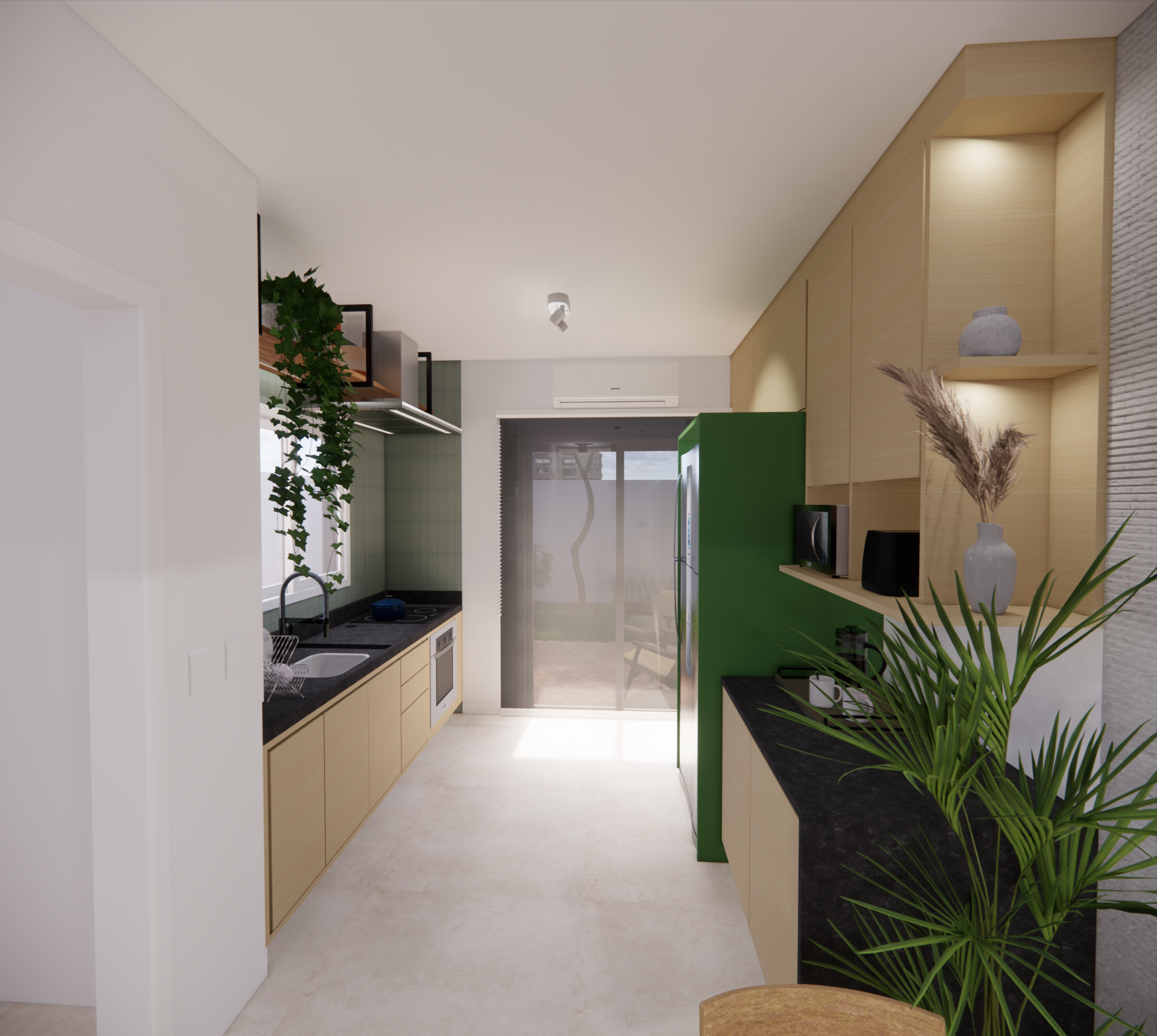 Perspectiva do projeto de interiores da cozinha da casa RM.