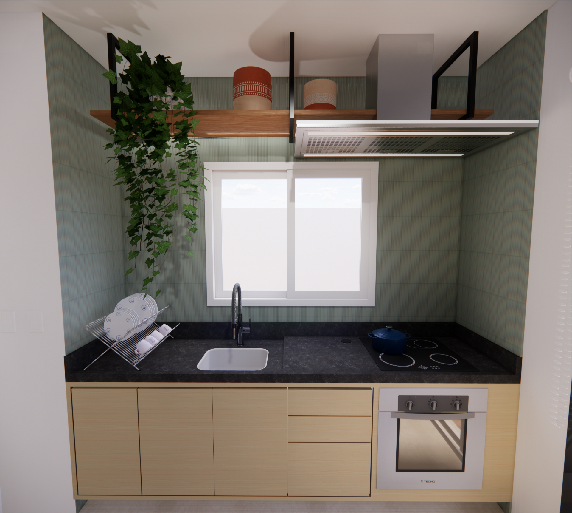 Perspectiva do projeto de interiores da cozinha da casa RM.