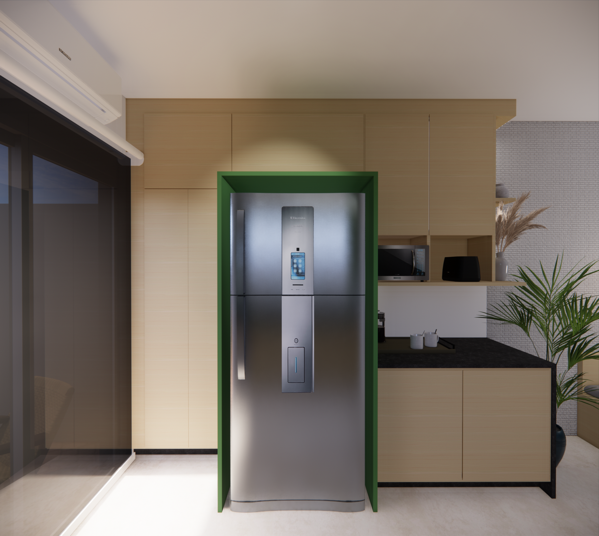 Perspectiva do projeto de interiores da cozinha da casa RM.