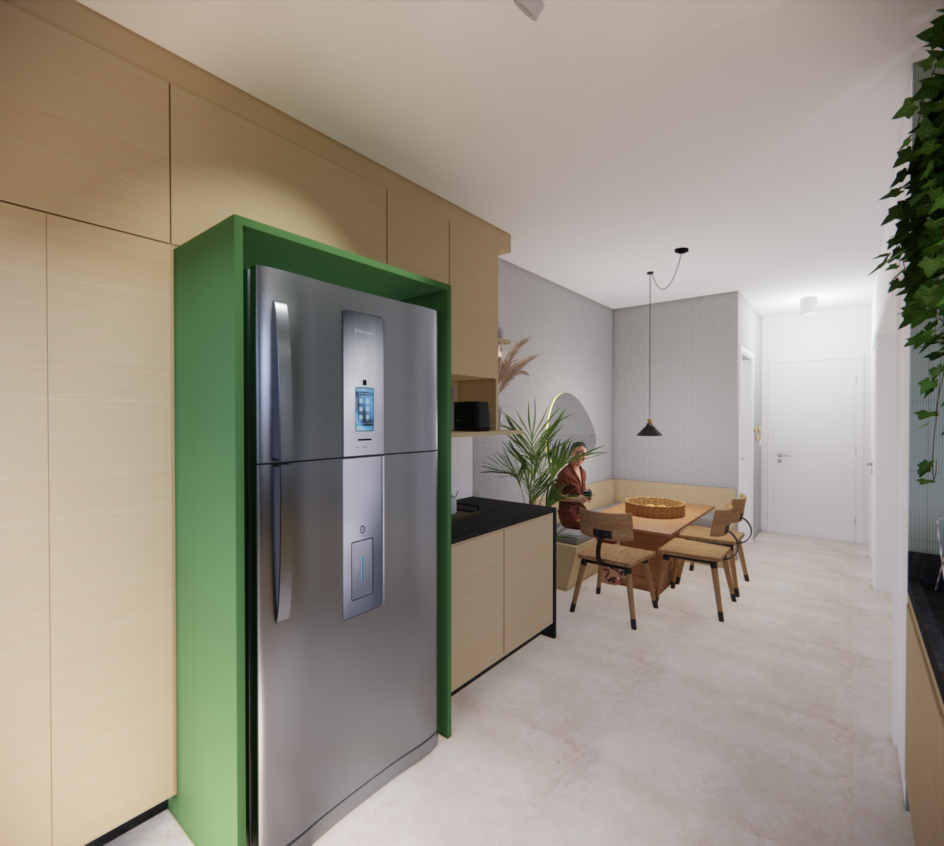 Perspectiva do projeto de interiores da cozinha da casa RM.