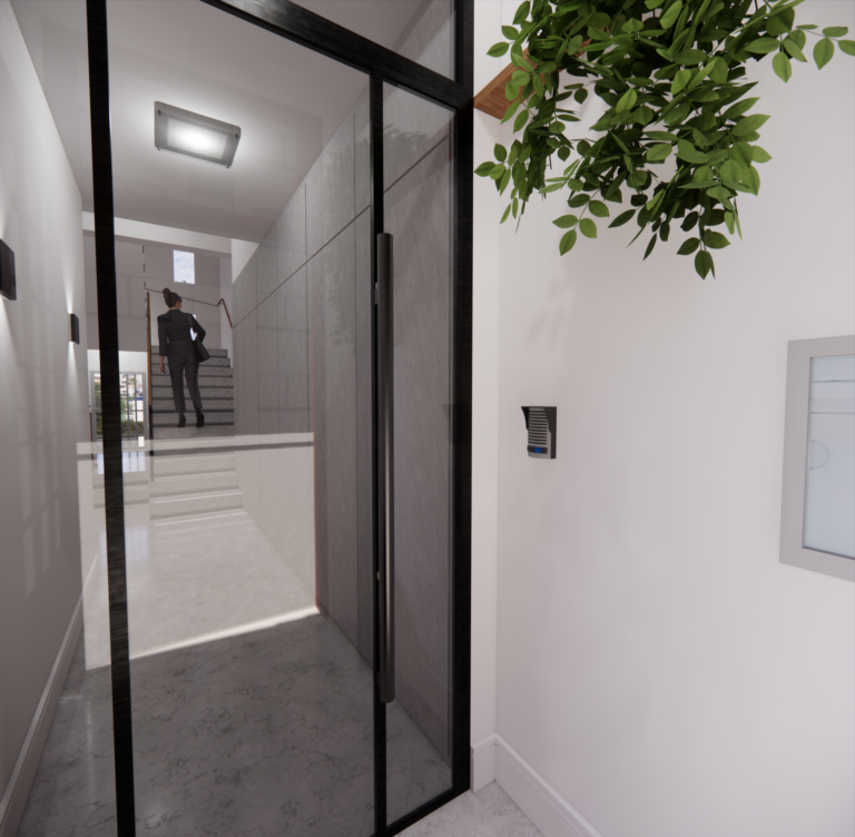 Porta de vidro interna com interfone do Hall de entrada do edifício MN.